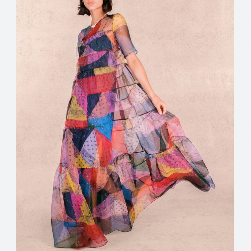 RARE NWT STAUD Hyacinth Maxi Dress - Patchwork Bandana Rainbow Colorful Block - Picture 10 of 10